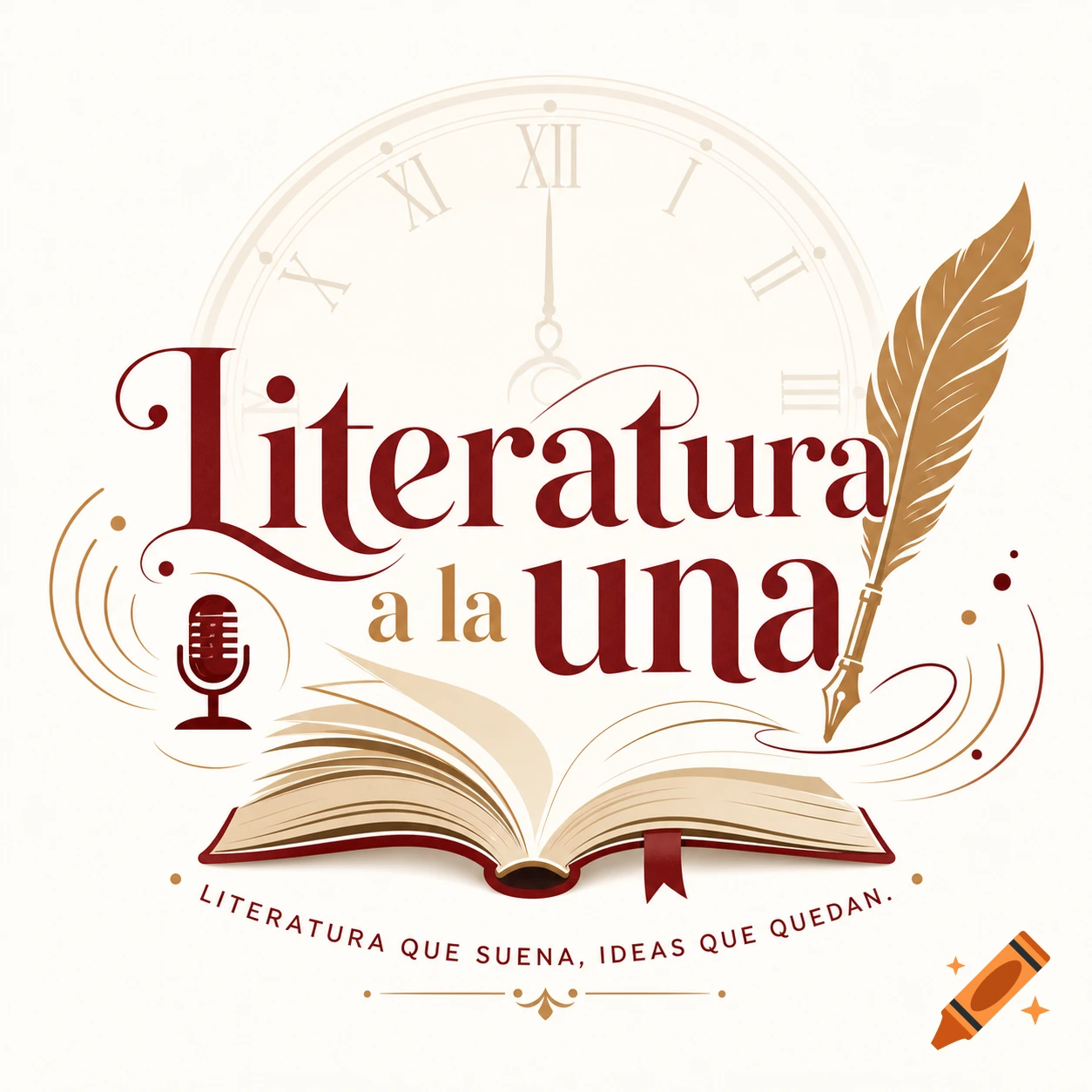 Logo for 'Literatura a la una' podcast, with an open book, quill pen, microphone, and clock face.