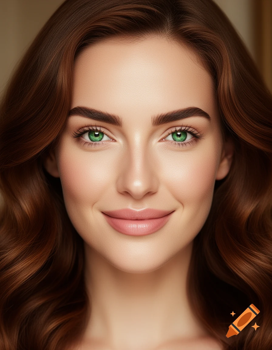 A close-up, photorealistic portrait of a woman with long wavy brown hair, bright green eyes, and a soft smile.