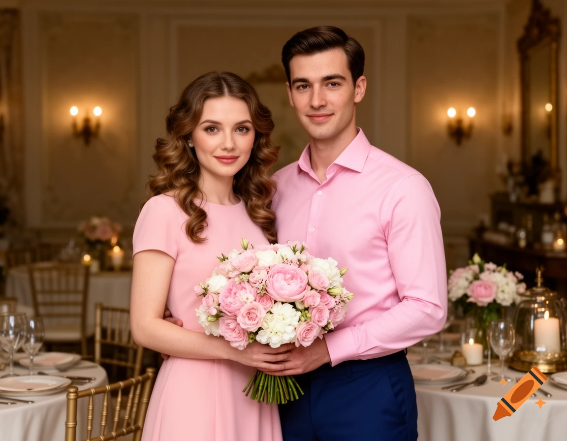 A couple, the woman in a pink dress and the man in a pink shirt and blue trousers, holding a pink and white bouquet at an elegant indoor celebration.