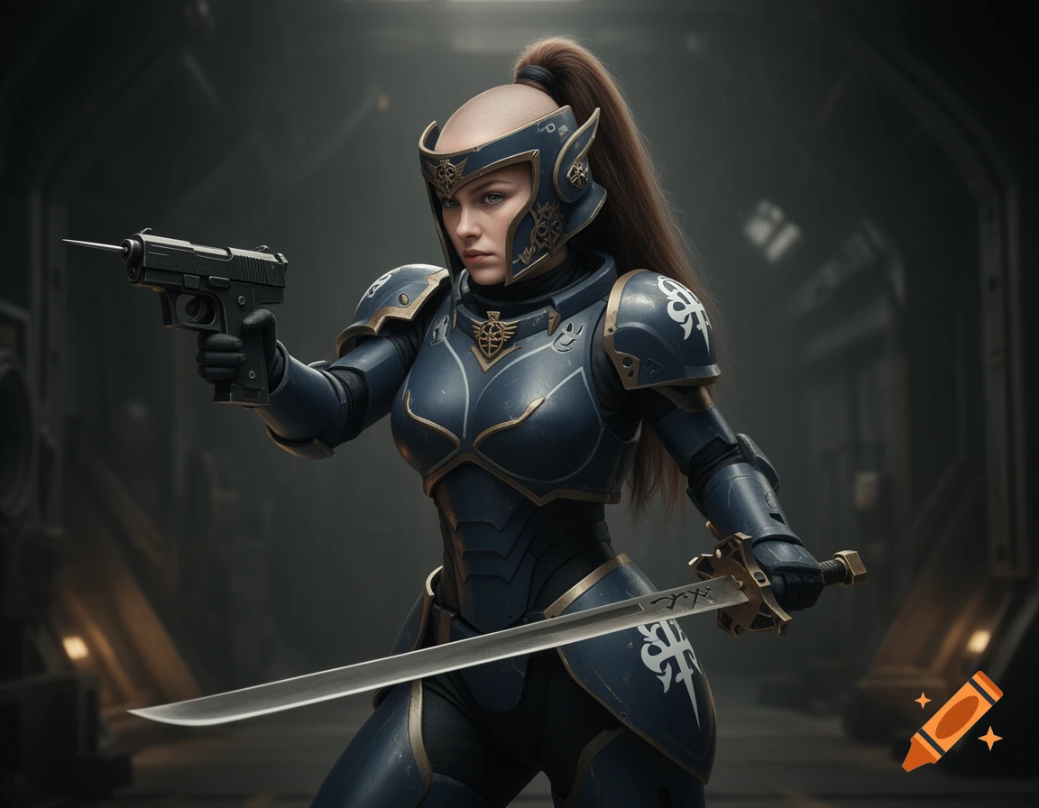 A woman in blue and gold futuristic power armor with a shaved head and long topknot, holding a pistol and a sword, stands in a dark metallic corridor in a grimdark style.