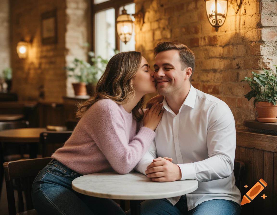 A woman in a pink sweater kisses a man's cheek while sitting at a table in a cozy cafe, photorealistic.