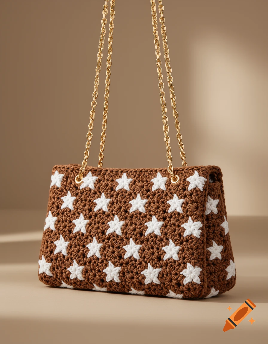 Brown crocheted handbag with white stars and golden chain straps against a brown background.