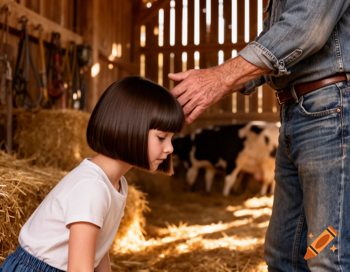 A man's hands hover above a young girl's head in a sunlit barn with hay bales and cows in the background.