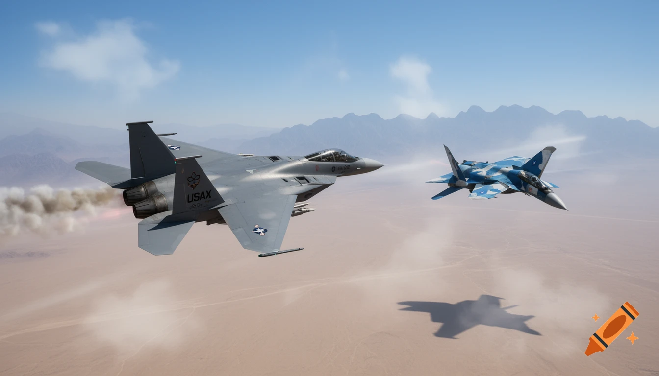 A gray F-15EX fighter jet with smoke trailing and a blue camouflage jet engage in a dogfight over a vast desert landscape with distant mountains under a clear blue sky.