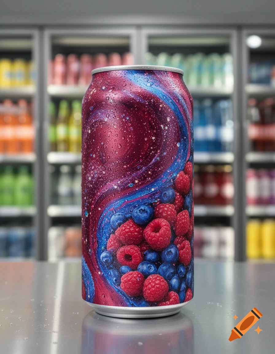 A cold soda can with a vibrant, glittery red and blue berry design, showing raspberries and blueberries, on a metallic surface in a store.