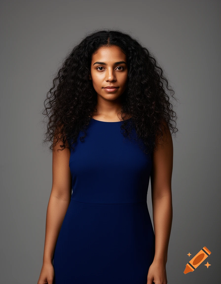 A photorealistic portrait of a young woman with long dark curly hair, wearing a navy blue dress, standing against a gray background.