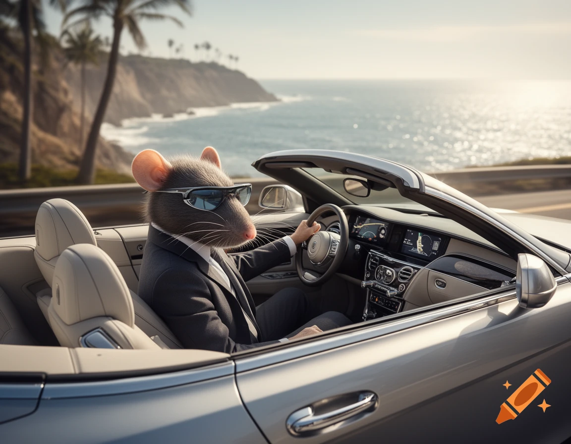 A photorealistic rat in a suit and sunglasses drives a silver luxury convertible on a coastal road.