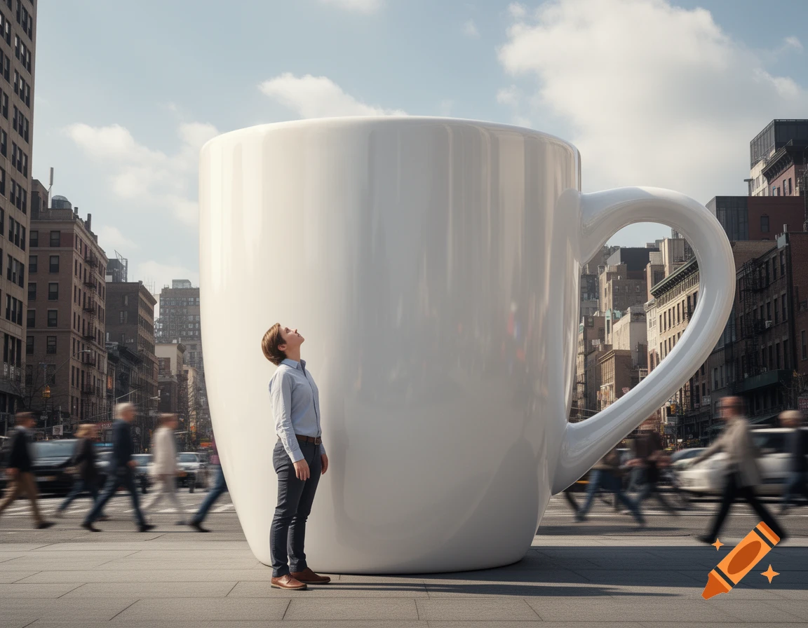 A man looks up at a comically gigantic white coffee cup in a bustling city street, highlighting a surreal sense of scale.