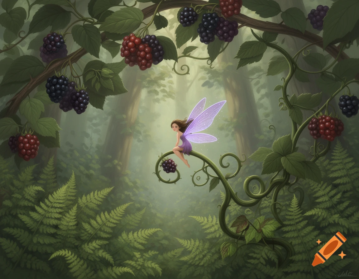 A tiny fairy with glowing purple wings perches on a blackberry vine in a misty, enchanted forest, in a fairytale art style.