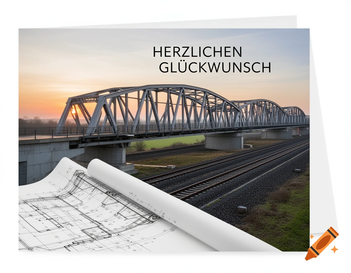A greeting card features a photorealistic image of a large metal bridge and railway tracks at sunset, with architectural blueprints in the foreground.