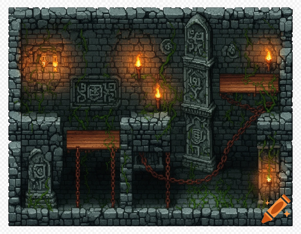 Pixel art side-scroller dungeon tileset with stone walls, torches, wooden platforms, chains, and carved glyphs.