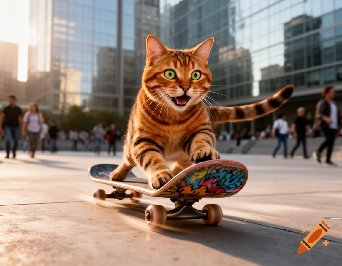 A photorealistic image of a Bengal cat with bright green eyes riding a skateboard on a city street with blurred glass buildings and people in the background.