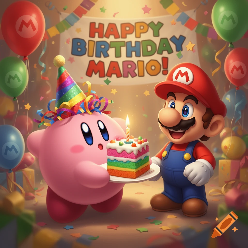 Kirby in a party hat holds a rainbow birthday cake for Mario, who smiles in a vibrant party setting with balloons and a 'Happy Birthday Mario!' banner.