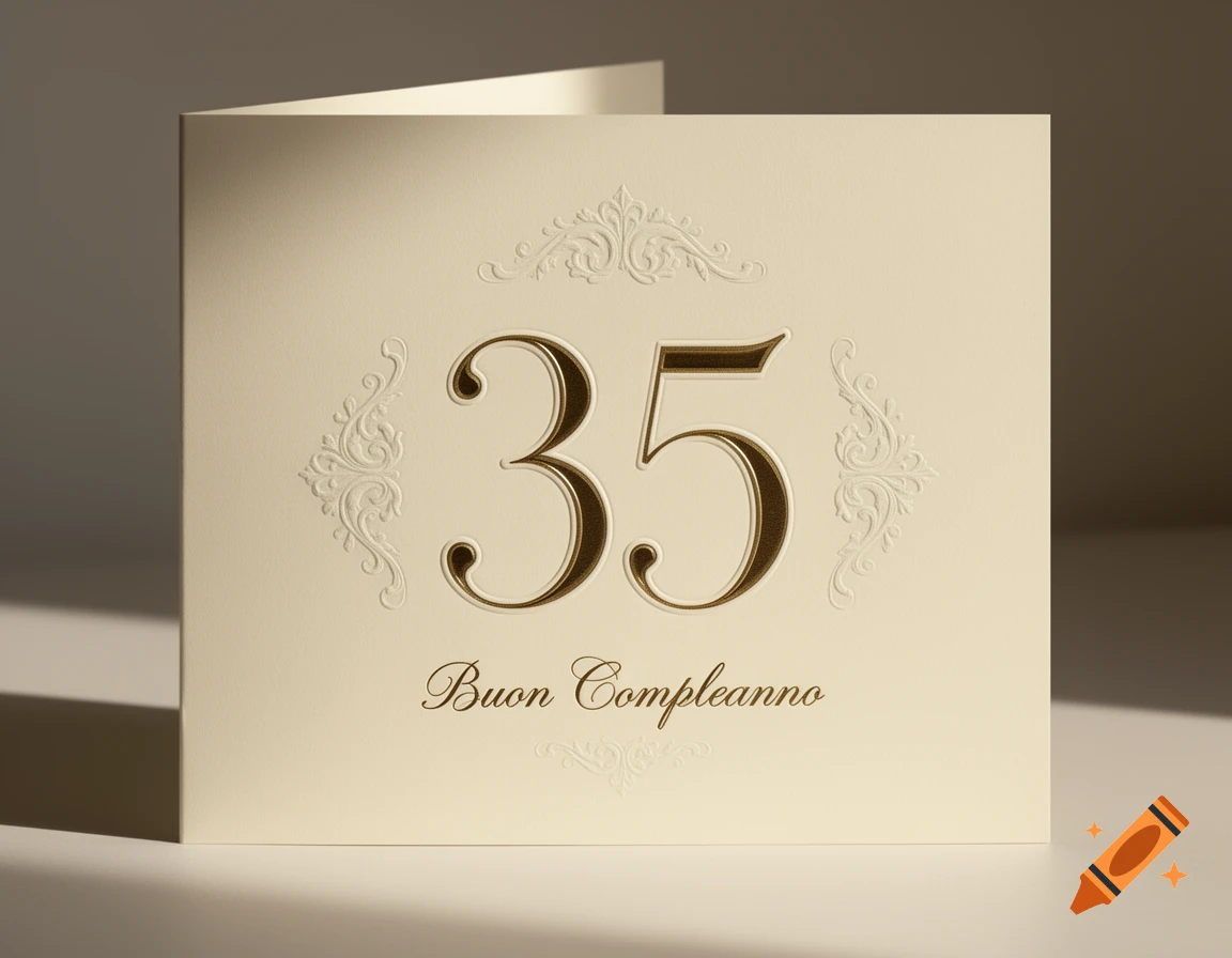 An elegant cream-colored birthday card with gold embossed "35" and "Buon Compleanno" text, featuring decorative flourishes.