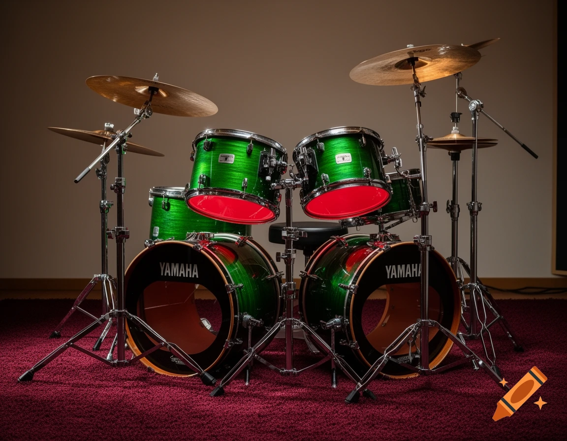 A photorealistic green Yamaha double bass drum kit with red drumheads, set up on a red carpet.