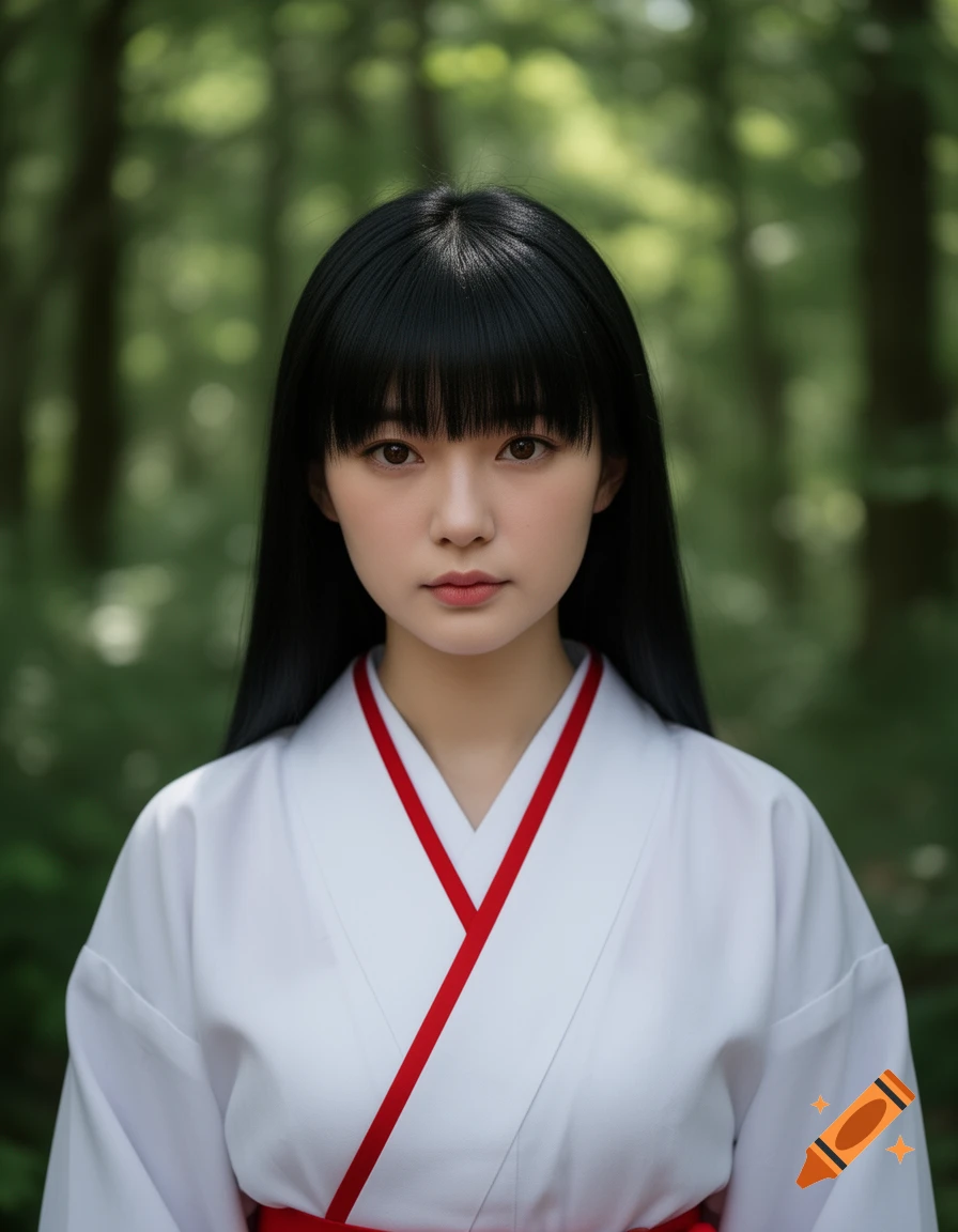 Photorealistic portrait of a young Japanese woman with long black hair and bangs, wearing a white miko outfit with red trim, standing in a blurred forest.