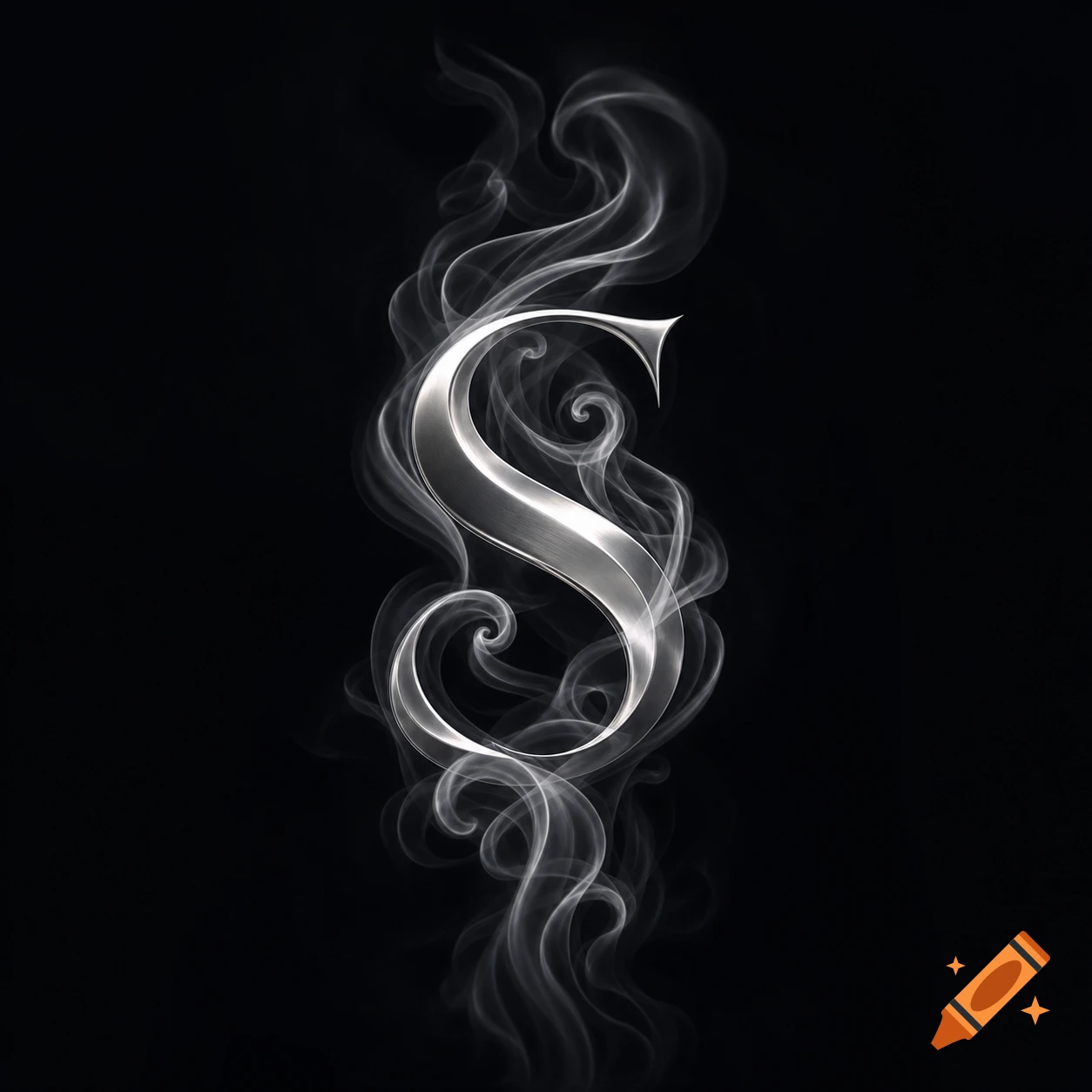 An ornate, silver metallic letter 'S' surrounded by white smoke swirling vertically on a solid black background.