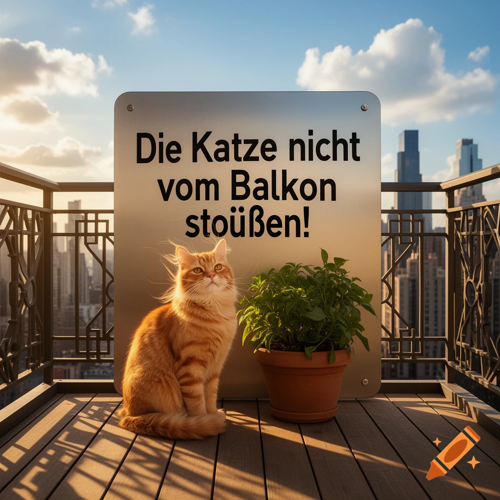A photorealistic image of an orange cat sitting on a wooden balcony overlooking a city skyline, next to a sign in German.