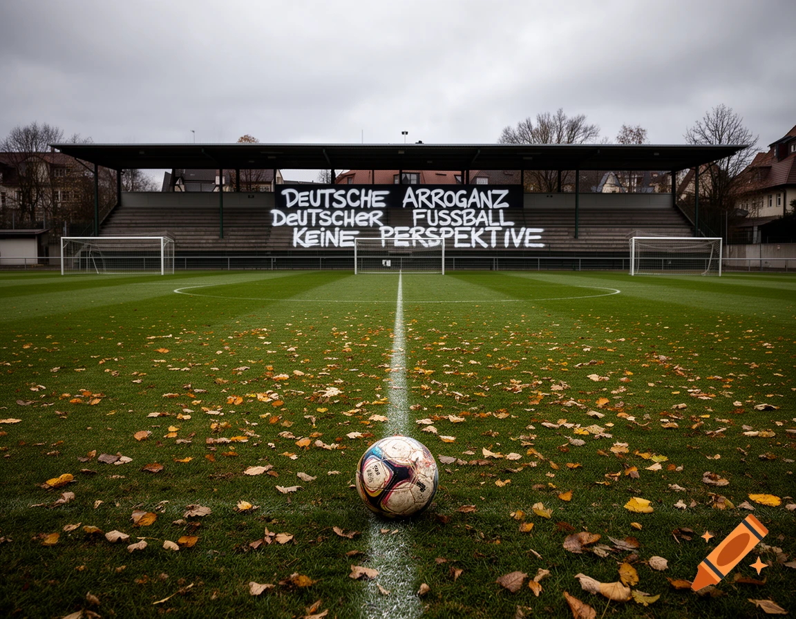 A photorealistic view of a football field covered in autumn leaves, with a soccer ball on the center line and a banner on the stadium stands.