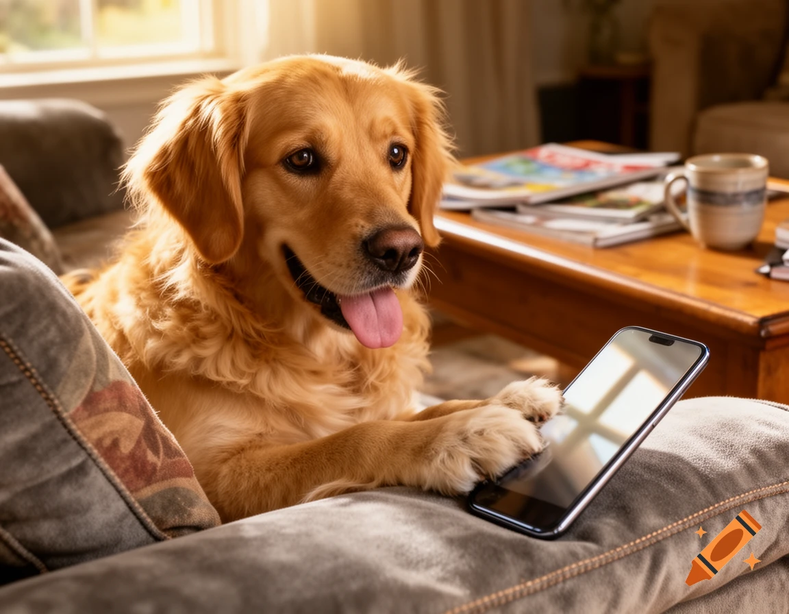 A golden retriever sits on a couch, looking at the camera while its paw rests on a smartphone lying on the cushion next to it.