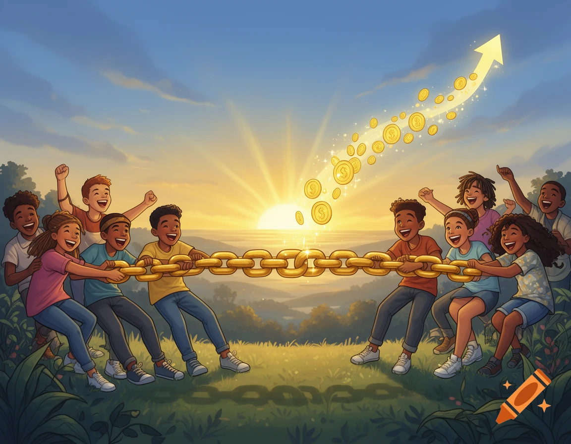 Vibrant illustration of diverse teenagers pulling a golden chain, with gold coins and an arrow flying towards a sunrise, symbolizing financial success and teamwork.