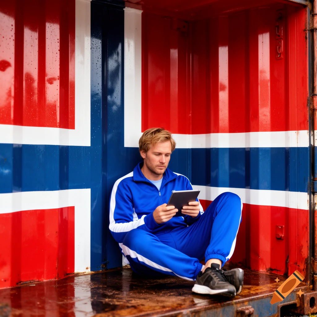 A man in a blue tracksuit sits inside a container painted with the Norwegian flag, looking at a tablet.