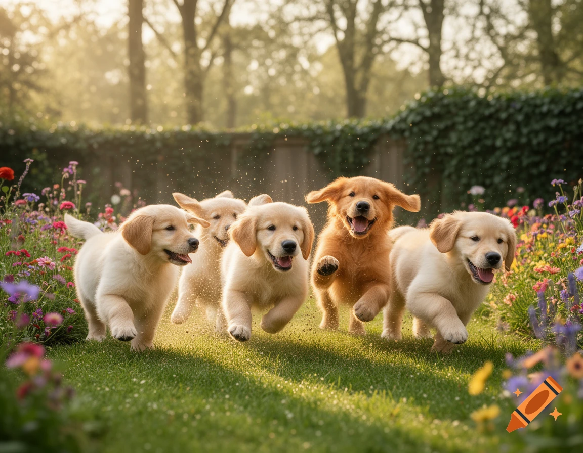 Five golden retriever puppies run through a sunlit field filled with colorful wildflowers.