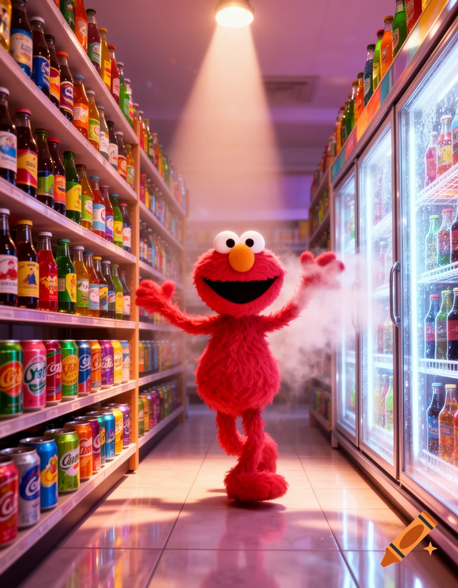 Photorealistic Elmo stands with arms outstretched in a dramatically lit store aisle filled with shelves of colorful bottles and cans.