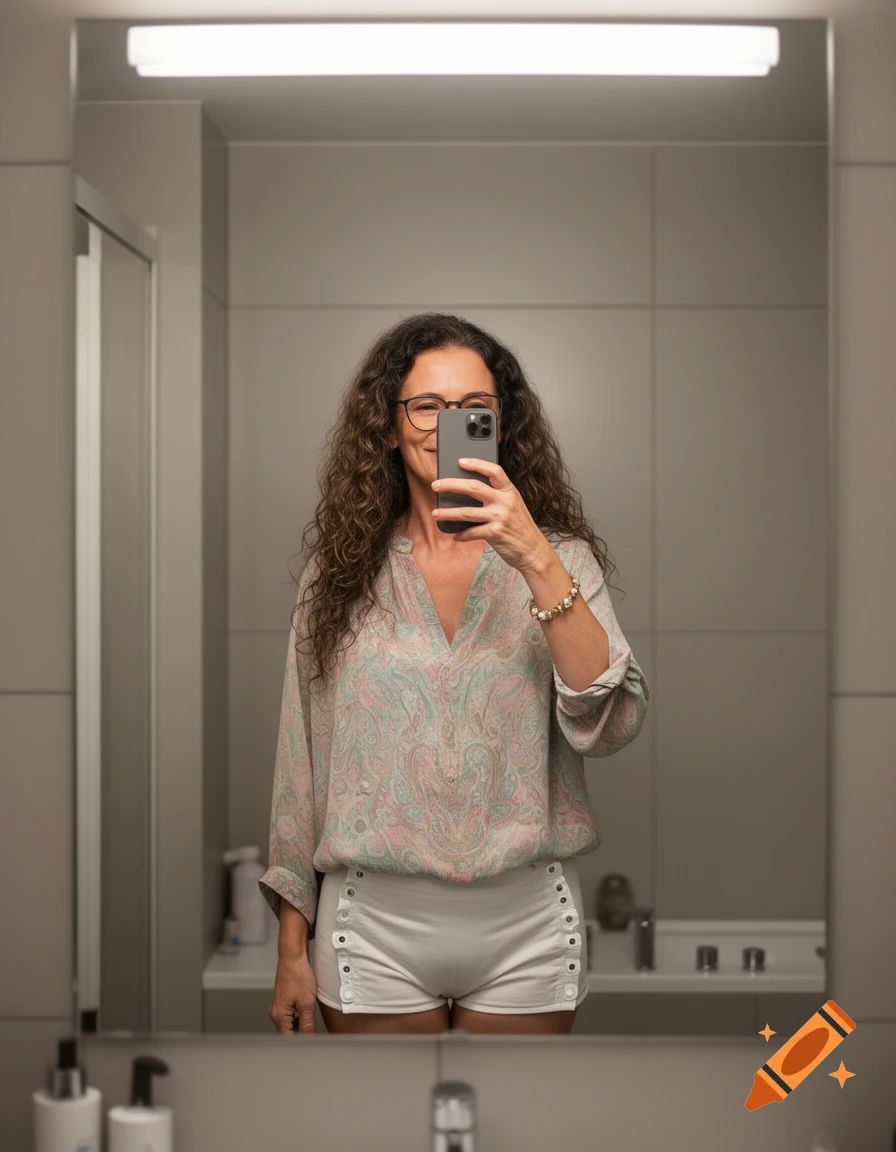 A woman with curly hair and glasses takes a mirror selfie in a bathroom, wearing a patterned blouse and white shorts.