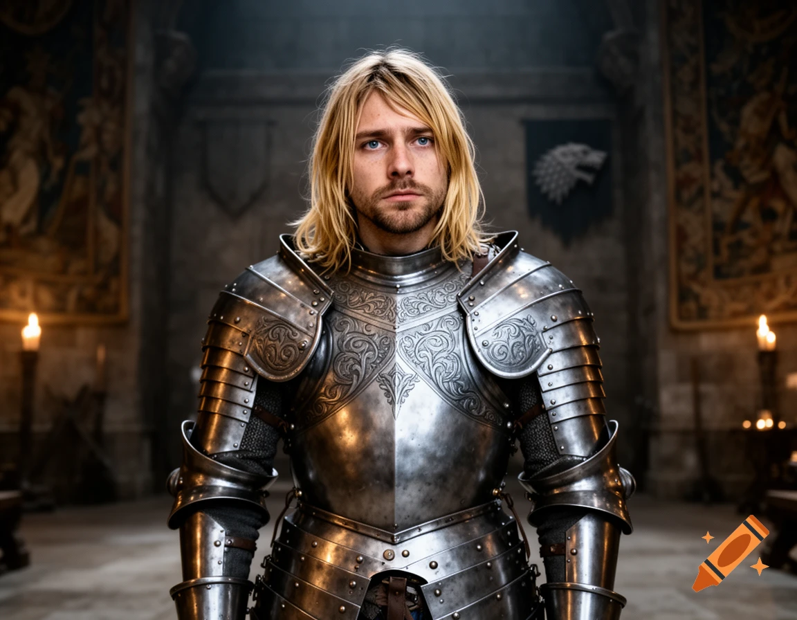 Photorealistic portrait of a man with blonde hair, resembling Kurt Cobain, in elaborate silver knight armor inside a castle hall.