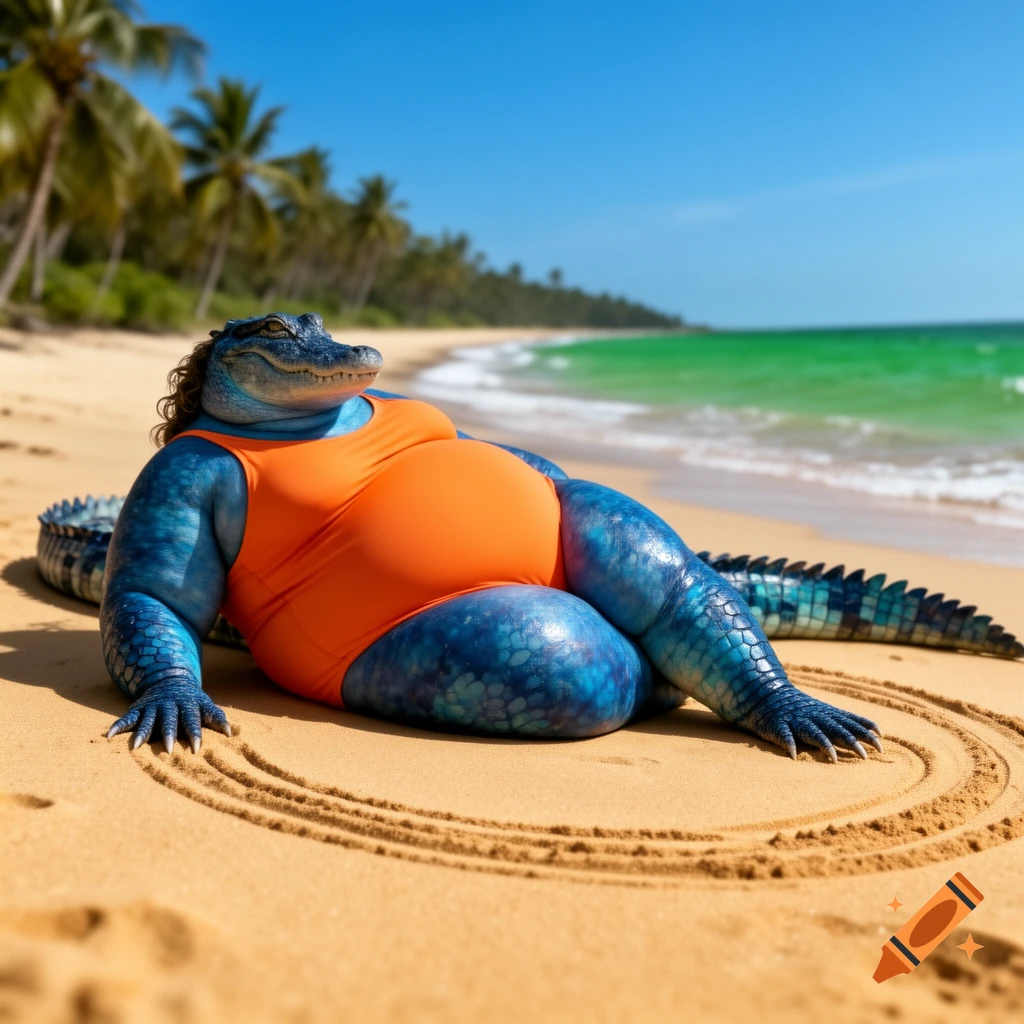 A photorealistic morbidly obese anthropomorphic blue crocodile in an orange swimsuit lies on a sandy beach under a clear sky.