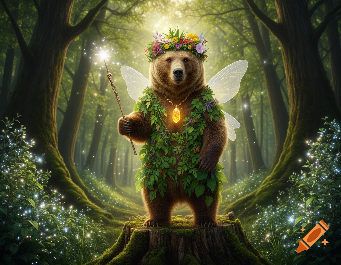 A whimsical bear fairy with a flower crown, wings, and a glowing magic wand stands on a mossy stump in an enchanted forest.