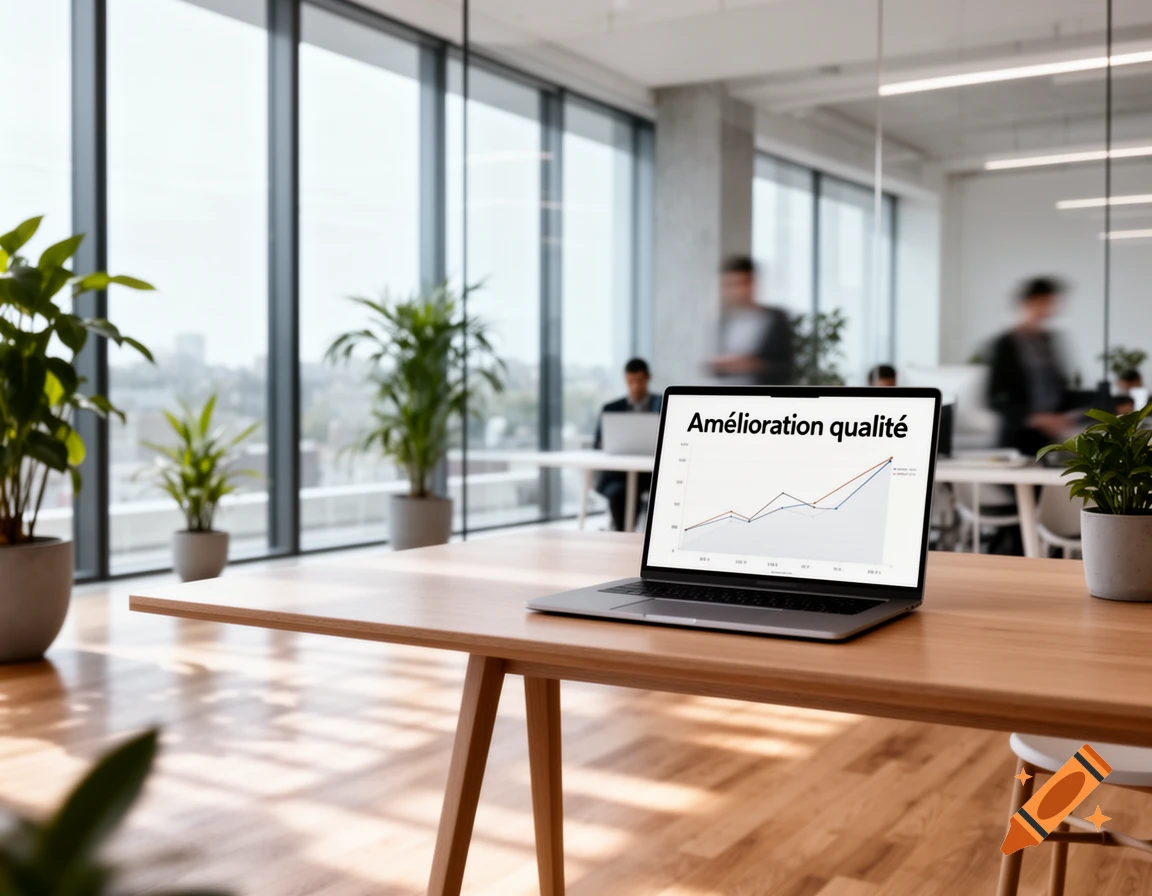 A laptop on a wooden desk displays a chart and 'Am nlioration qualit n' in a modern, bright office with blurred figures and plants.