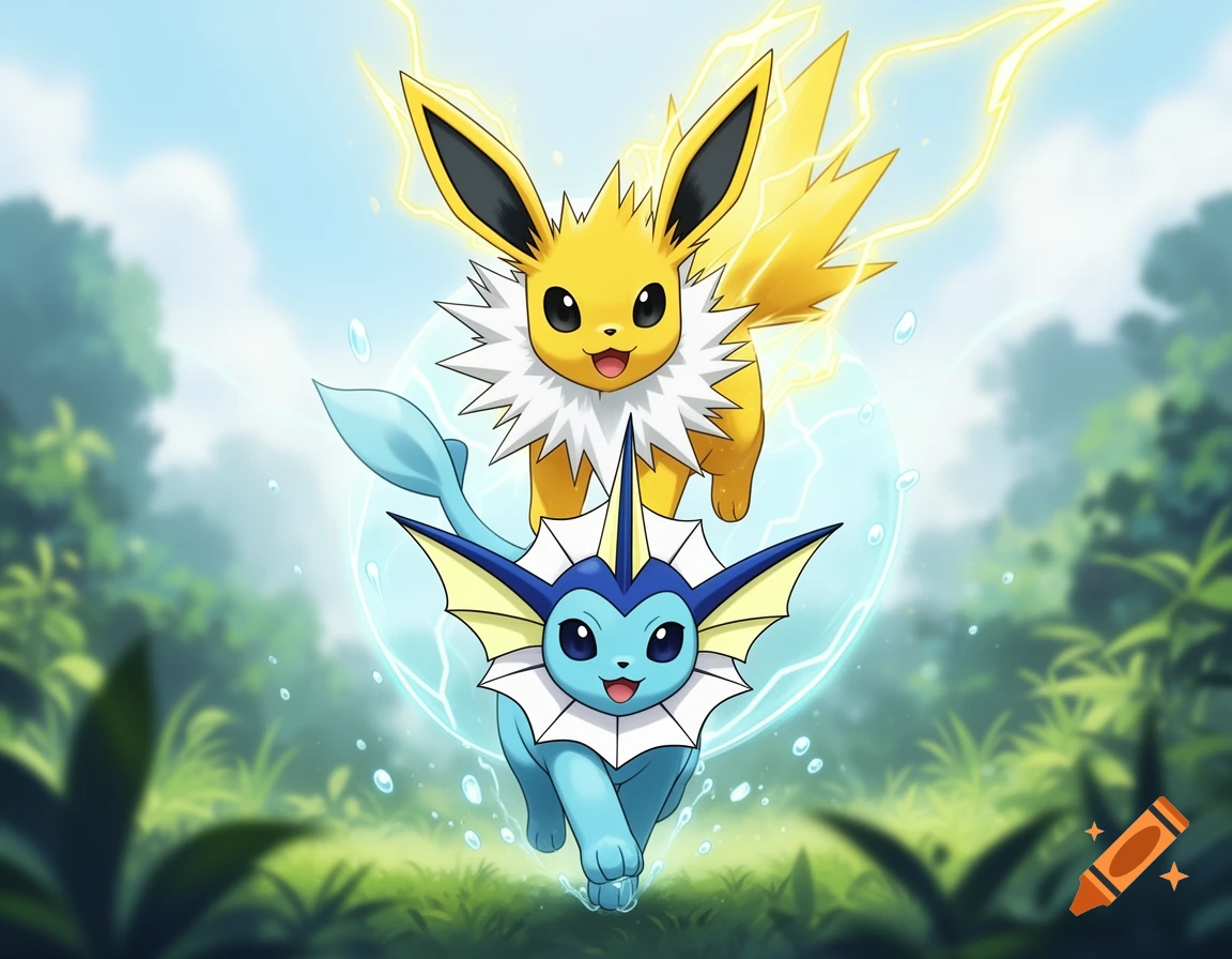 Jolteon, an electric yellow Pokemon, jumps over Vaporeon, a water-type blue Pokemon, as they run through a lush forest.