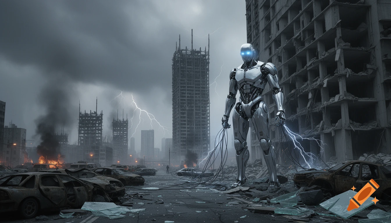 A humanoid robot stands in a destroyed city under a stormy sky with lightning, surrounded by burning cars and rubble. Photorealistic style.