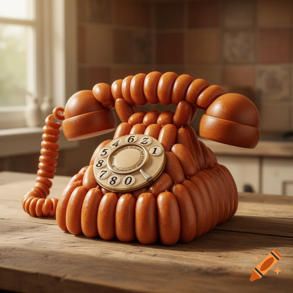 A photorealistic telephone crafted entirely from brown sausages on a wooden table, with a rotary dial.