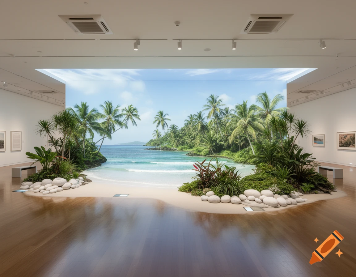 A museum gallery features a large art installation of a tropical beach with palm trees, white sand, and blue ocean.