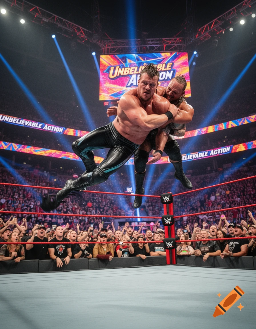 Two muscular male wrestlers are mid-air during a dynamic move above a wrestling ring, surrounded by a cheering crowd in a brightly lit arena.
