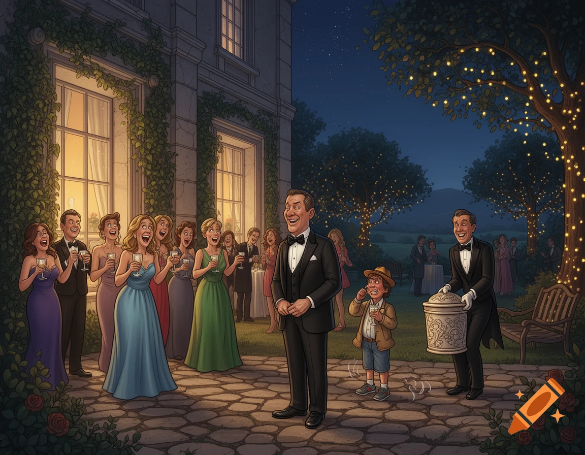 A cartoon illustration of an elegant evening garden party at a stone mansion, with laughing guests, a boy feeling sick, and a butler carrying an ornate bin.