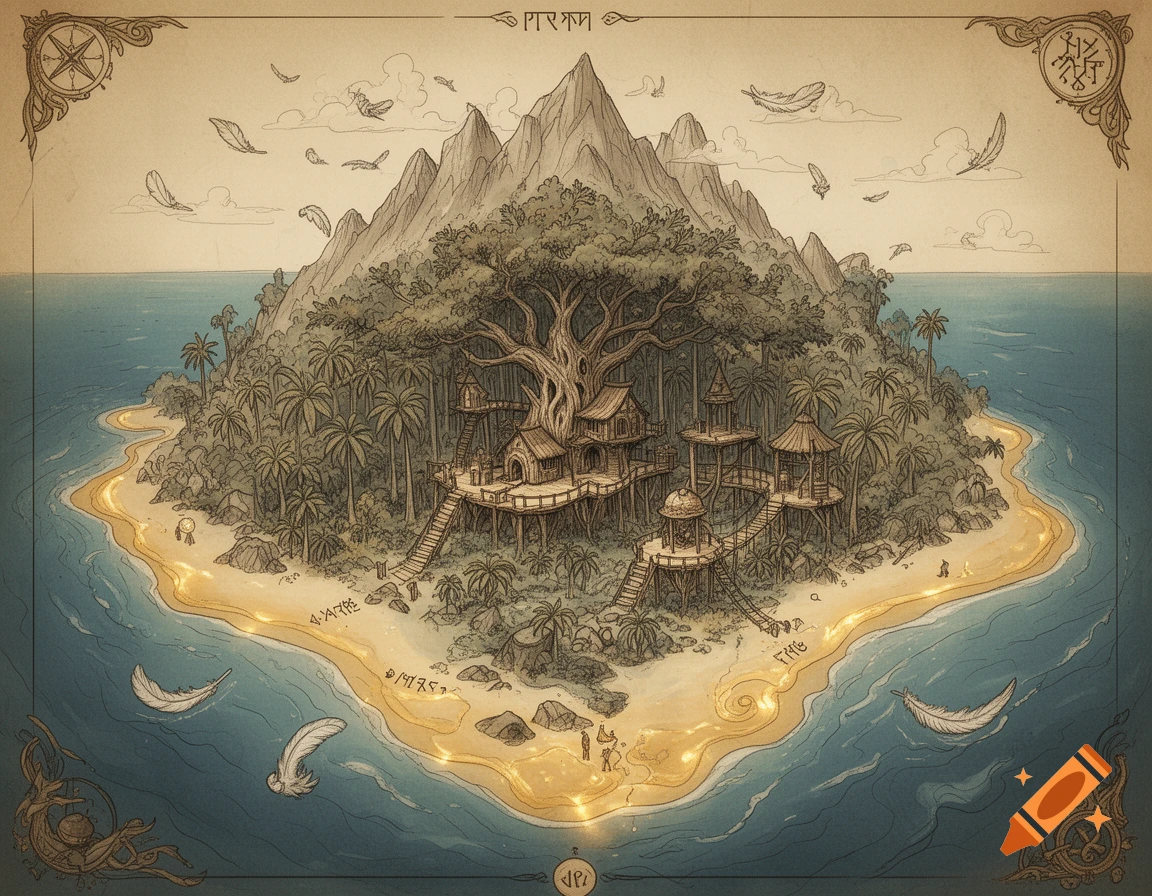 An antique-style fantasy map of a tropical island with treehouses, golden beaches, mountains, and runic symbols.