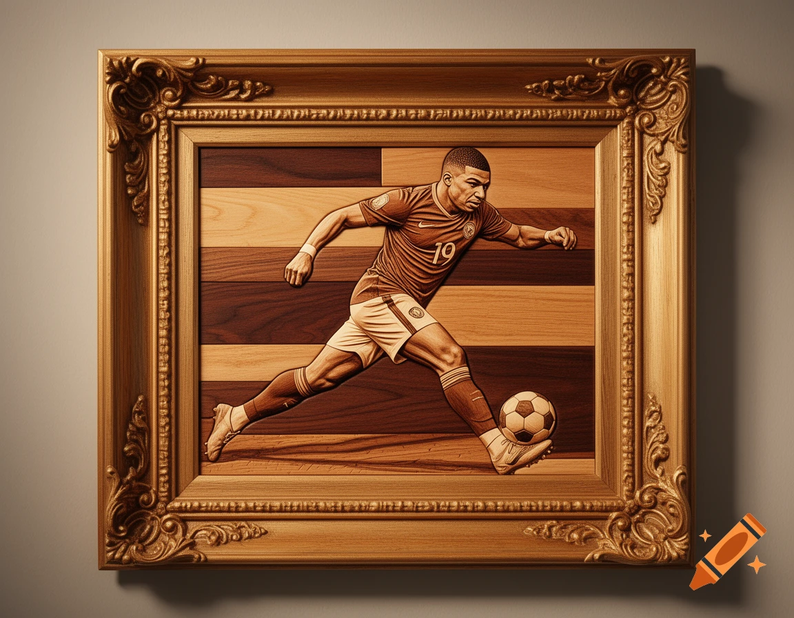 Intarsia wood art of Kylian Mbappé kicking a soccer ball, set in an ornate golden frame.