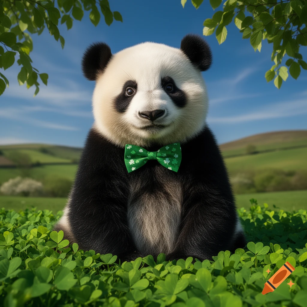 A cute panda wearing a green bow tie with shamrocks sits in a field of clovers under a blue sky.