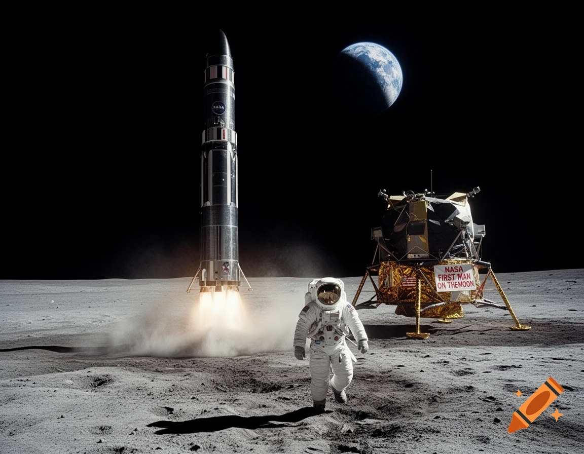 Photorealistic image of an astronaut walking on the moon with a rocket launching and a lunar lander, Earth visible in the background.