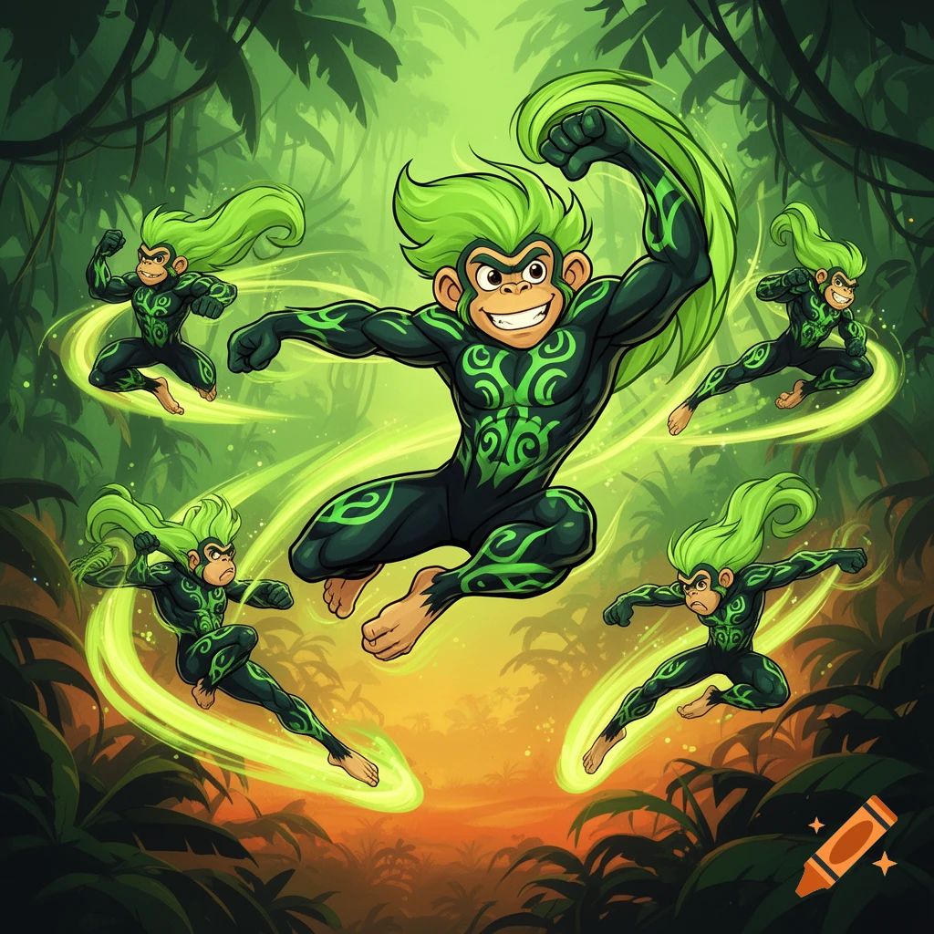 2D animated style of a muscular green anthropomorphic monkey boy in dynamic action poses amidst green glowing trails in a jungle.