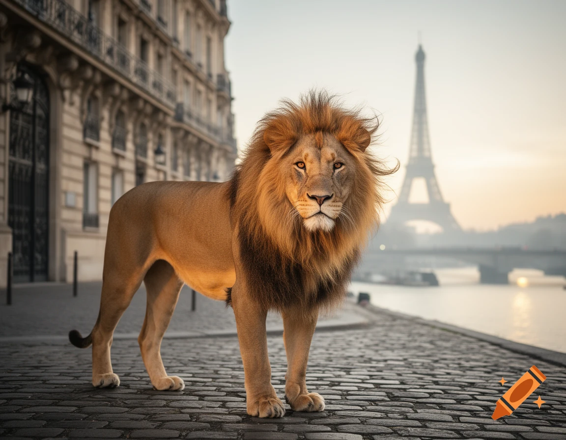 A majestic lion stands on a cobblestone street in Paris, with the Eiffel Tower and Seine River visible in the soft light of dawn or dusk.