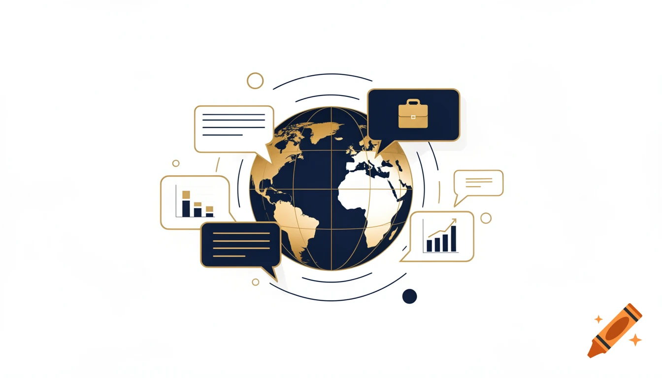 Minimalist illustration of a gold and navy blue globe surrounded by communication icons, graphs, and a briefcase on a white background.