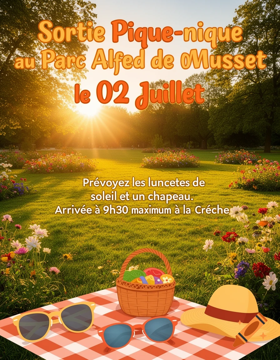 A colorful poster inviting to a picnic at Alfred de Musset Park on July 2nd, featuring a sunny park scene with a picnic blanket, basket, sunglasses, and a hat in the foreground.