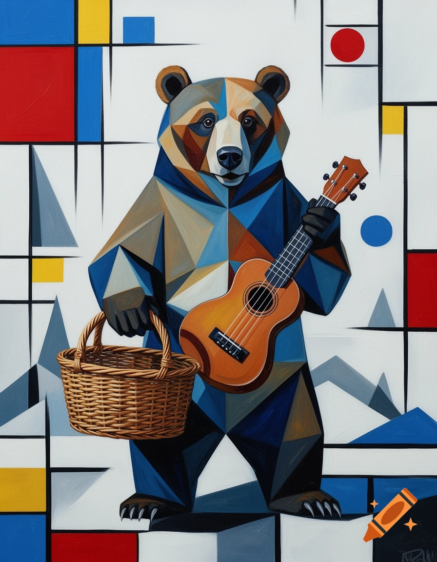 A geometric bear in blue and brown holding a ukulele and a picnic basket, against a white background with Mondrian-style red, blue, and yellow blocks.