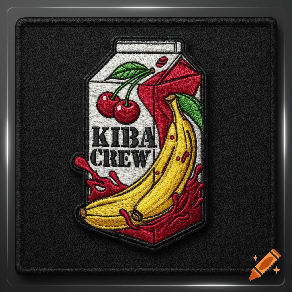 Embroidered patch design of a juice carton with cherries, a banana, and 'KIBA CREW' text on a black background.