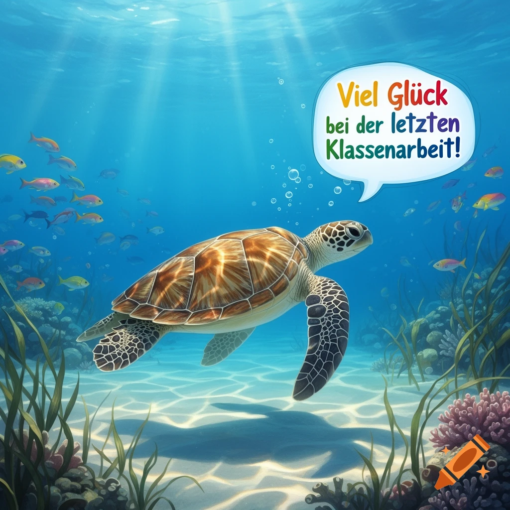 A cartoon sea turtle swims underwater with a speech bubble reading 'Viel Glück bei der letzten Klassenarbeit!' among fish and coral.